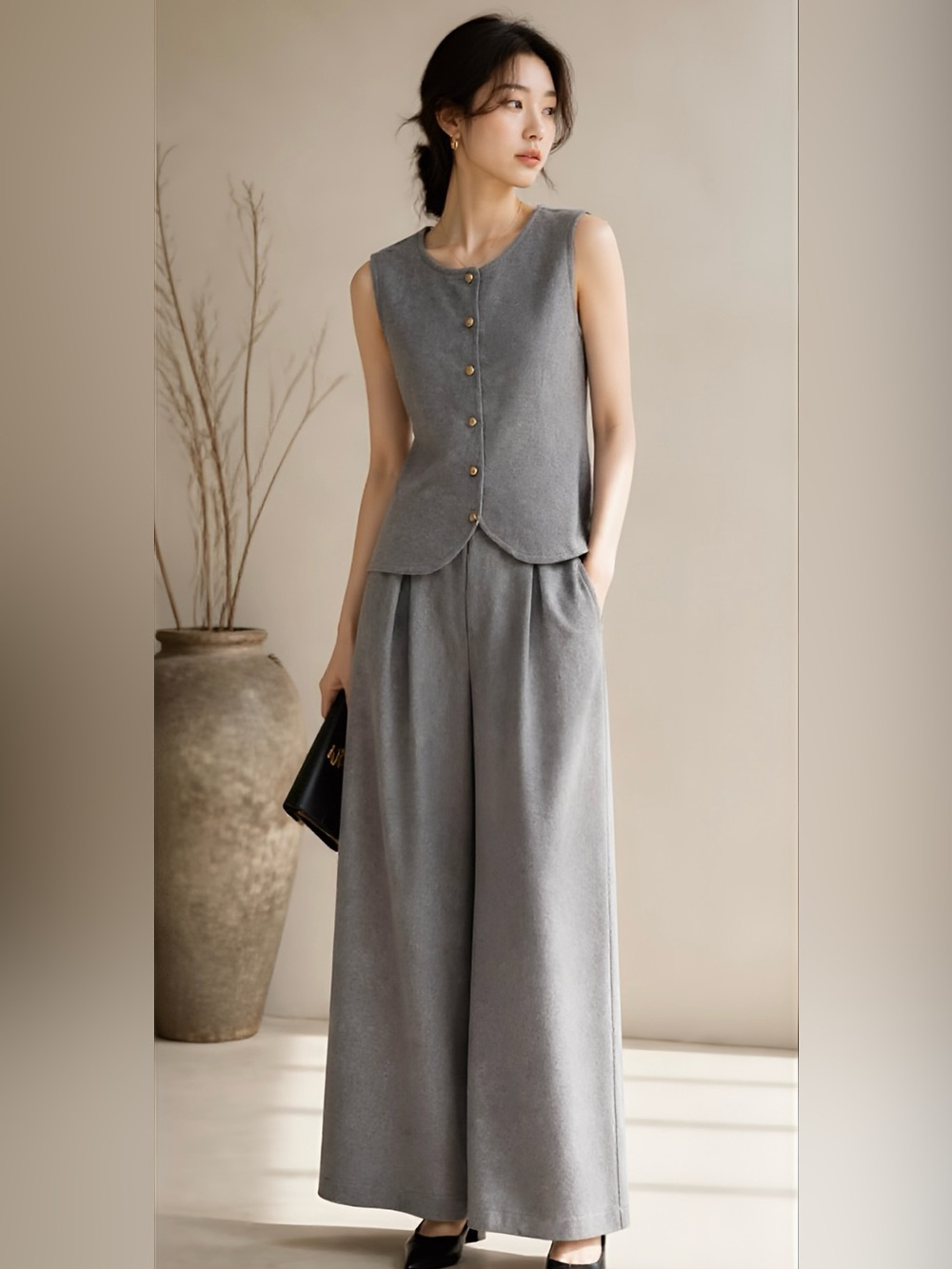 Grey Two-Piece Sleeveless Button Vest & Wide-Leg Pants by Cherie Collective